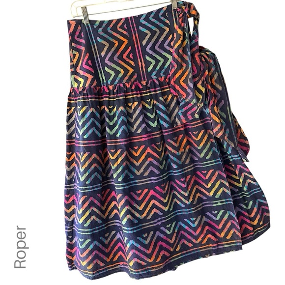 ROPER | NWOT COLORFUL BATIK PRINT COTTON WRAP SKIRT BOHO POCKETS | LARGE - Picture 1 of 11